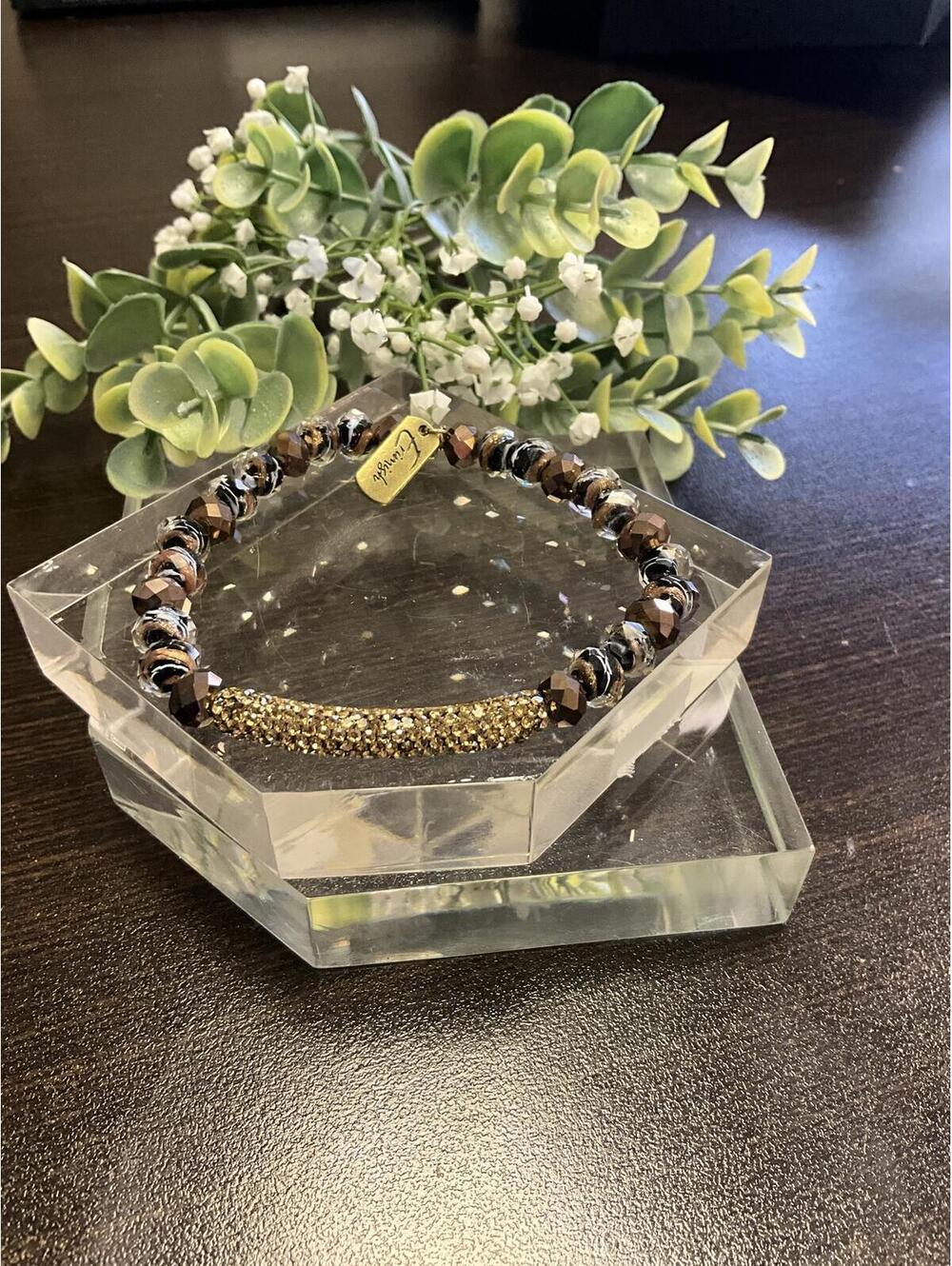 Erimish Leopard Faceted Beads Gold Glitter Bar bracelet